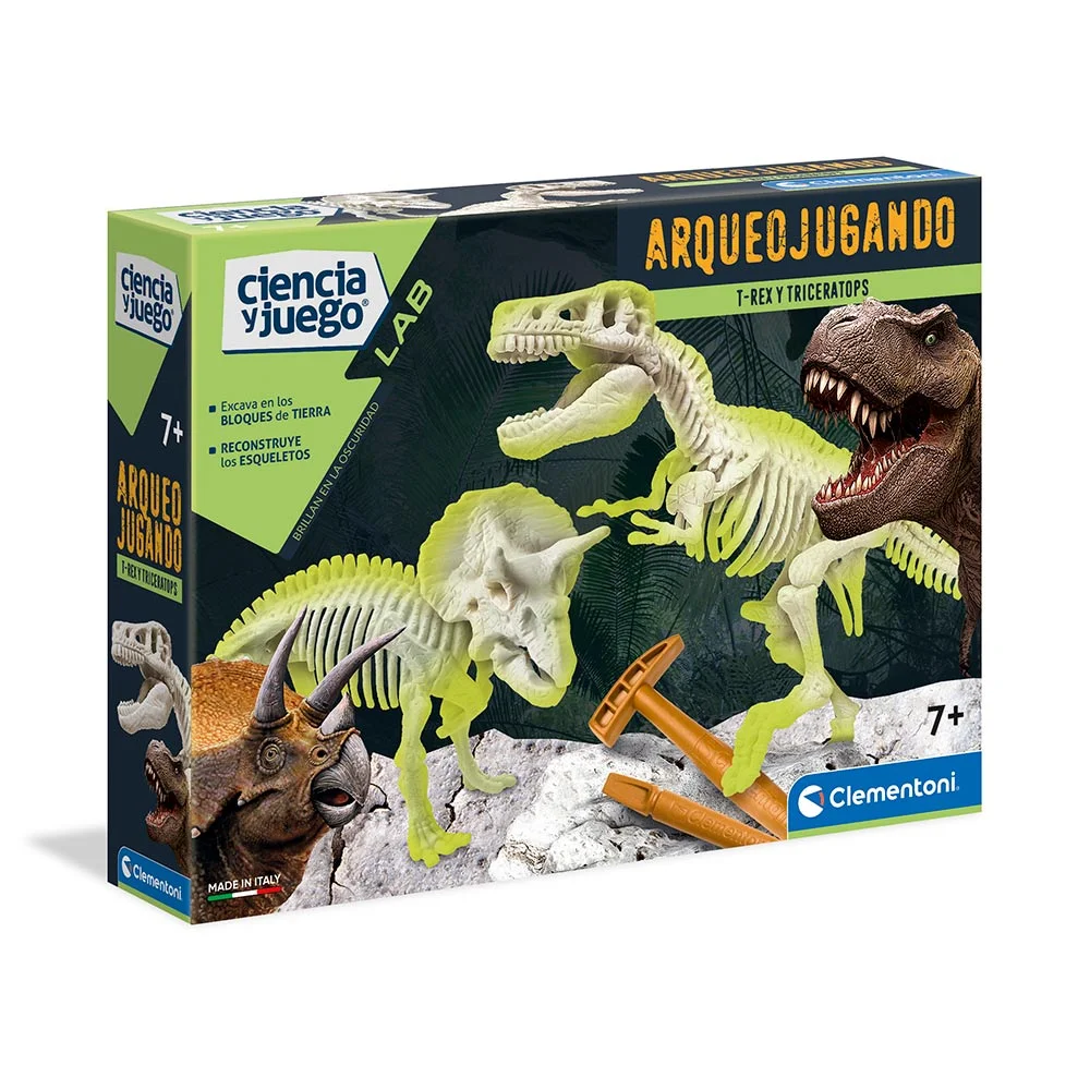 JUEGO ARQUEOLOGO TREX Y TRICERATOPO FLUO